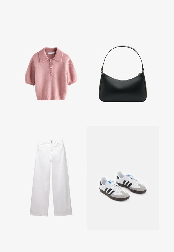 Růžový pletený svetr s krátkým rukávem a límcem, který má zapínání na čtyři knoflíky a žebrované lemy a manžety. Měkká textilie.; Bílé široké džíny vyrobené z denimu. Obsahují zapínání na knoflík, přední a zadní kapsy a šité švy. Hladká textura s minimálními detaily.; Sportovní boty s bílým koženým svrškem, šedou semišovou špičkou a třemi černými pruhy. Obsahují modré logo na jazyku a texturovanou gumovou podrážku.; Černá kožená kabelka přes rameno s zakřiveným tvarem, jedním plochým popruhem a svrchním zipovým uzávěrem. Hladká textura s minimem kovových detailů.