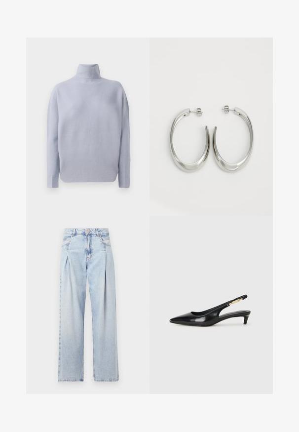 Svijetloplavi džemper s dugim rukavima i visokom ovratnikom, izrađen od mekog pletiva i opuštenog kroja, prikazan na bijeloj pozadini.; Svjetloplave traperice visoko struka, širokog kroja, s dva bočna djepa i naboranim dizajnom. Mekana tekstura s izblijedjelim završetkom.; Črne usnjene sandale na peto z ostro konico, ki imajo tanko peto in zlat ton na nastavljivem traku. Gladka tekstura.; Srebrni uhani v obliki obroča z gladkim, ukrivljenim oblikovanjem. Imajo sijajno kovinsko površino in zapiranje na žebljiček. Brez vidnih vzorcev ali dodatkov.