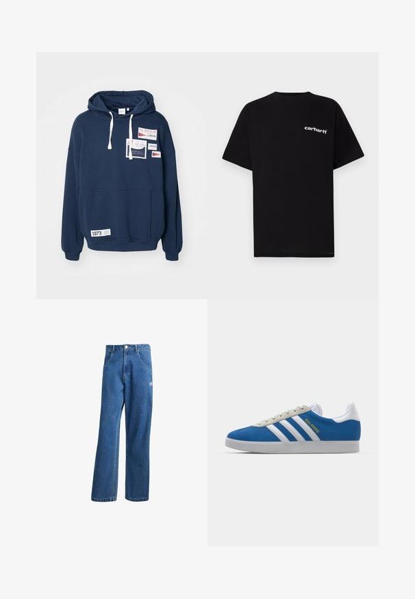 Sötétkék kapucnis pulóver hosszú ujjakkal, elülső zsebbe rakott zsebbel és több szöveget tartalmazó szöveti folttal piros és fehér színben.; Fekete pamut rövid ujjú póló kerek nyakkivágással és fehér "Carhartt" logóval a bal mellrészen. Simaszövetű, letisztult dizájn.; Kék, magas derekú, bő szárú farmernadrág elülső zsebekkel, övhurkokkal, gombos záródással és kicsi Adidas logóval a jobb combon.; adidas Originals ADIDAS GAZELLE SHOES - Beltéri futballcipő - real madrid/bluebird/footwear white/crew yellow