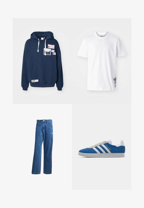 Sötétkék kapucnis pulóver hosszú ujjakkal, elülső zsebbe rakott zsebbel és több szöveget tartalmazó szöveti folttal piros és fehér színben.; Fehér pamut póló rövid ujjakkal, kerek nyakkivágással, és egy fekete Adidas logóval az alsó bal oldalon. Simaság jellemzi.; Kék, magas derekú, bő szárú farmernadrág elülső zsebekkel, övhurkokkal, gombos záródással és kicsi Adidas logóval a jobb combon.; adidas Originals ADIDAS GAZELLE SHOES - Beltéri futballcipő - real madrid/bluebird/footwear white/crew yellow