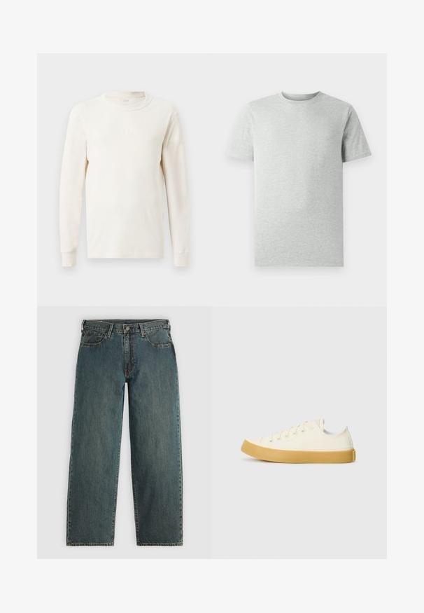 Hosszú ujjú, bordázott felső krémfehér színben, kerek nyakkivágással. Diszkrét "GAP" logo található a mellkasán. Puha tapintású és testhezálló fazon.; Egyszerű világosszürke, rövidujjú, kerek nyakú póló, fehér háttéren, elölnézetből, látható logók vagy minták nélkül.; Zöld flanel ing, kockás mintázattal, amely kék, fehér és mustár sárga vonalakból áll. Gombos elülső rész és hegyes gallér. Hosszú ujjak.; Sötétkék egyenes szárú farmernadrág gombos és cipzáras záródással, elülső zsebekkel és övbújtatókkal világosszürke háttér előtt.; Krémszínű vászon sportcipő, kerek orral, bézs gumi talppal és öt fűzőlyukkal, a felső részen texturált felülettel.