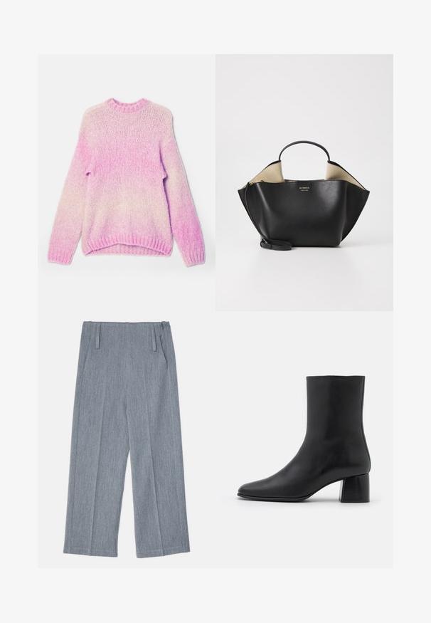 Heled roosa kudum särk, millel on gradiendiefekt, pikad varrukad, ümar kaelus ning soonikkoes mansetid ja äär. Tekstuuriga lõng.; Must mustärg pikkade varrukatega topp, mis on valmistatud pehmest kangast. Topil on ümar kaelus ja lõdvem lõige, mille ääres on külgedel lõiked, et liikuda mugavalt.; Heledad hallid, laiad püksid, mis on valmistatud tekstureeritud kangast, sisaldavad kahte esitaalust ja kahte küljetaskut. Puhtne, kohandatud disain.; Must musta ankle boot terava nina ja turske ruudukujulise kontsaga. Sile tekstuur, sujuv disain ja minimaalne õmblus.; Ree Projects ANN TOTE MINI - Käekott - black