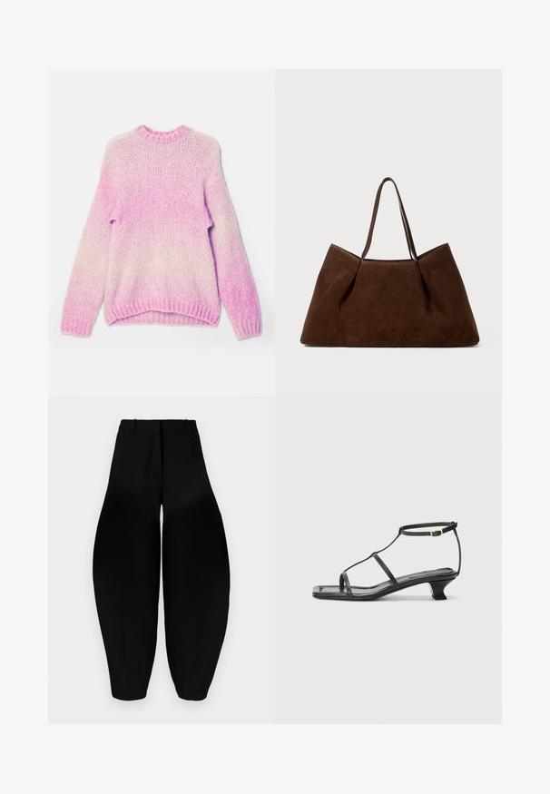 Lys pink striktrøje med gradient-effekt, med lange ærmer, rund halsudskæring og ribbede manchetter og kant. Struktureret garn.; Sorte vidde bukser med høj talje, plisseret front og smalnende ankler. Fremstillet af glat stof med mat overflade.; Sort lædersandal med firkantet tå, tynde stropper, justerbar ankelrem og en lav hæl. Har et lille gyldent element på stroppen.; Brun ruskind skuldertaske med to skulderremme, en rummelig rektangulær form og minimalistisk design. Blød tekstur med en glat overflade.