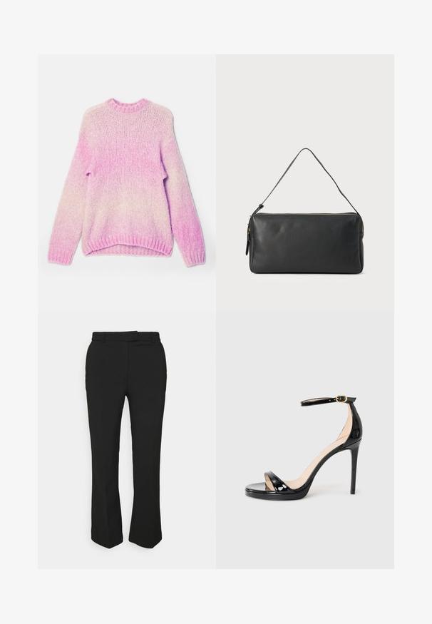 Világos rózsaszín kötött pulóver, gradiensek hatásával, hosszú ujjal, kerek nyakkivágással, bordázott mandzsettával és aljjal. Textúrált fonal.; Fekete, szabott nadrág egyenes szárú kialakítással, övhurkokkal és oldalsó zsebekkel. Simább anyagból készült, tiszta kivitelben.; Fekete lakkbőr magassarkú szandál bokaövekkel és arany csattal, nyitott orral és vékony stiletto sarokkal egyszerű háttér előtt.; Fekete bőr kézitáska vékony, téglalap alakú formával, cipzáras záródással és egyetlen vállpánttal. Simább textúrával és minimalista dizájnnal rendelkezik.
