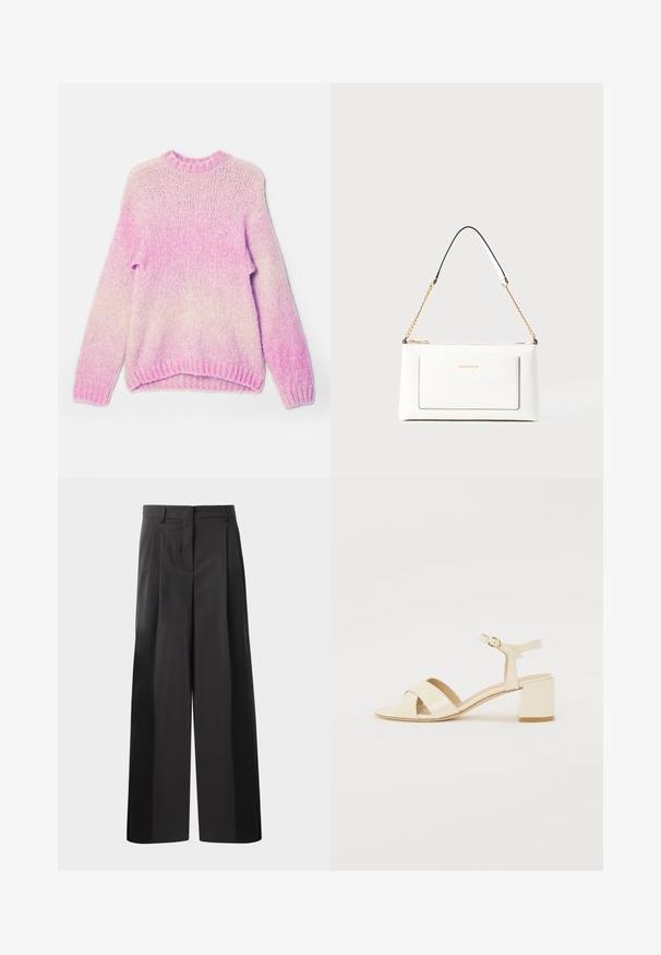 Light pink knitted sweater with a gradient effect, featuring long sleeves, a round neckline, and ribbed cuffs and hem. Textured yarn.; Black wide-leg trousers with a high waist, featuring front pleats, a smooth texture, and a tailored finish. Designed for a relaxed fit.; Beige patent leather heeled sandals with cross strap design, open toe, adjustable ankle strap, and a block heel. Smooth texture.; White leather handbag with a textured finish, featuring a gold chain strap and black accents. Includes a front pocket and zipper closure.