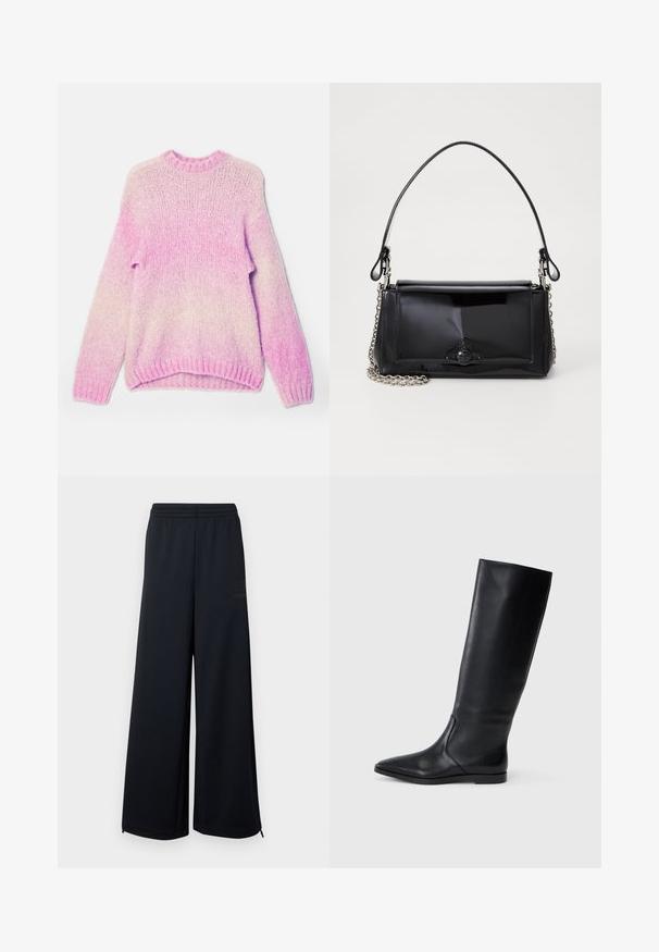 Pulover tricotat de culoare roz deschis, cu un efect de gradient, având mâneci lungi, guler rotund și manșete și tiv zimțate. Fir texturat.; Pantaloni negri din plasă cu picioare largi, talie elastică și detalii cu fermoar mici la tivuri, expuși pe un fundal alb.; Cizmă din piele neagră, până la genunchi, cu vârf ascuțit și un design minimalist. Textură netedă și talpă plată, având detalii discrete de cusătură pe lateral.; Geantă din piele patent neagră, cu o formă rectangulară, mânere din lanț și un accent distinctiv din metal în centru. Textură netedă.