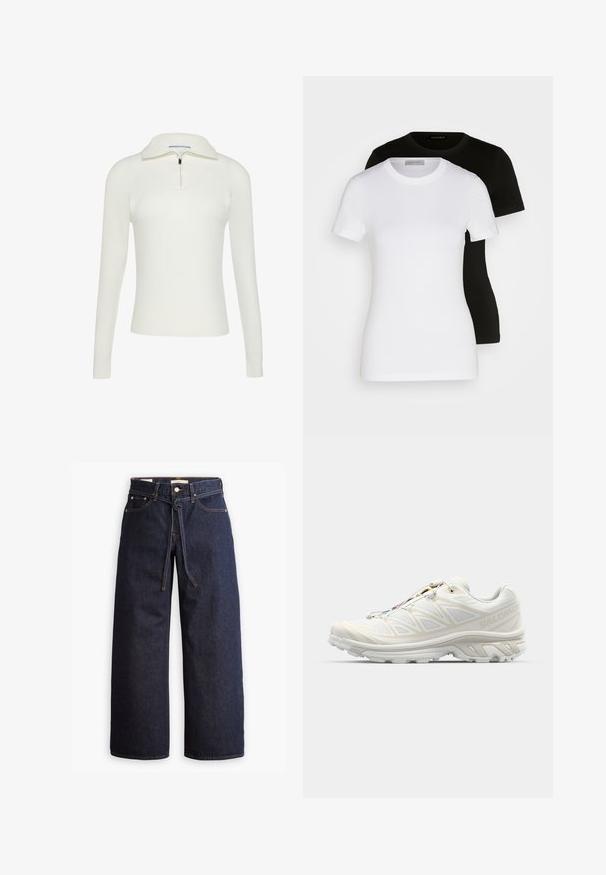 Weißer Rippstrick-Pullover mit einem Halb-Reißverschluss-Kragen, ausgestattet mit langen Ärmeln und einem taillierten Schnitt. Glatte Textur mit dezenten Nähdetails.; Zwei kurzärmelige T-Shirts in Schwarz und Weiß. Hergestellt aus glattem Baumwollstoff, mit einem klassischen Rundhalsausschnitt und normaler Passform.; Weite, dunkelblaue Jeans aus Denim mit hoher Taille, ausgestattet mit einem Kordelzug, fünf Taschen und kontrastierenden Nähdetails.; Weißer Laufschuh mit einem atmungsaktiven Mesh-Obermaterial, strukturierten Akzenten und einer gepolsterten Sohle. Verfügt über ein Schnellschnürsystem für eine einfache Passform.