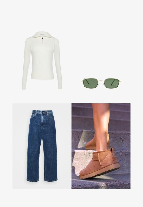 White ribbed knit sweater with a half-zip collar, featuring long sleeves and a fitted design. Smooth texture with subtle stitching details.; Light blue denim wide-leg jeans with a high waist, visible stitching, and standard pockets. Features a button and zip fly closure.; Tan suede ankle boots with a soft texture, stitched detailing, and a rubber sole, featuring a looped heel for easy wear.; Sunglasses with a gold metal frame, green lenses, rectangular shape, and clear plastic nose pads. Thin, slender temples with minimal design.; Burgundy leather handbag with a curved shape, gold hardware, and a textured finish. Features a zip closure and adjustable strap.