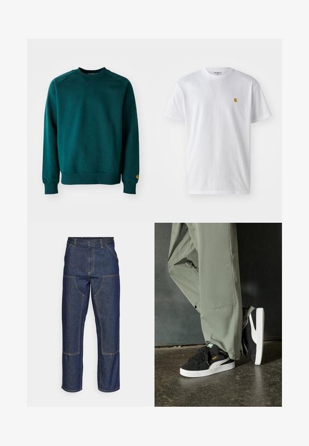 Donkerblauw groen sweatshirt met een V-hals, ribgebreide manchetten en zoom. Gemaakt van zachte stof, met een klein logo accent op de linkermouw.; Witte katoenen t-shirt met korte mouwen en ronde hals, voorzien van een klein gouden logo op de linkerkant van de borst. Zachte textuur en een normale pasvorm.; Donkerblauwe denim jeans met een hoge taille, rechte pijpen, contrasterende stiksels en opgestikte zakken aan de voorkant.; Zwarte suède sneakers met witte rubberen zolen en zijstrepen, gecombineerd met lichtgroene cargobroeken, staande op een gestructureerd donker oppervlak.