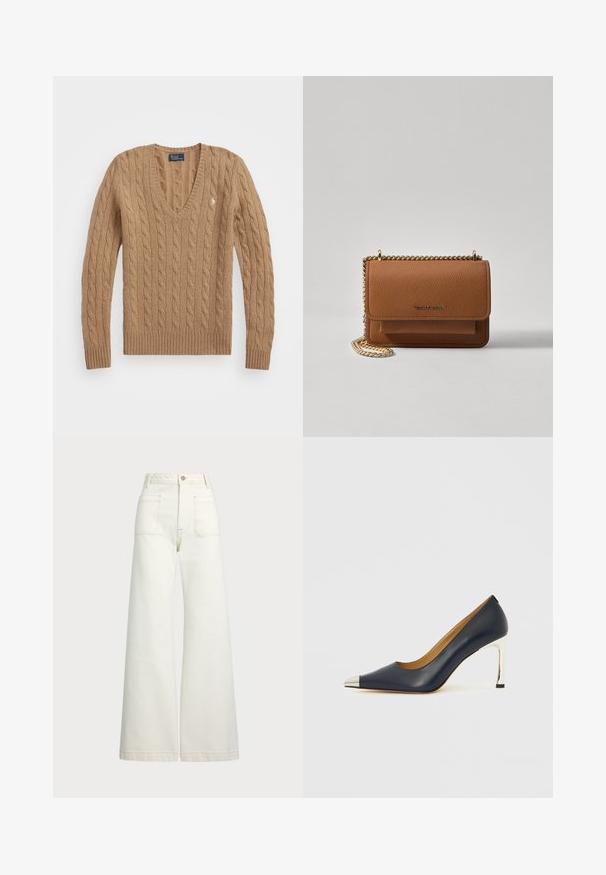 Polo Ralph Lauren CABLE KNIT WOOL CASHMERE V-NECK SWEATER - Neule - collection camel melange; Reisitaskuhousut vaaleanvalkoisesta denimestä. Korkea vyötärö, napitus, kaksi etutaskua ja kontrastiväriset ompeleet.; Laivastonsininen nahkainen korkokenkä, jossa on terävä kärki, hopeinen metallinen kärki ja kiiltävä hopeinen piikkikorko.; Ruskean teksturoidun nahkasta valmistettu crossbody-laukku, jossa on kultaketjuhihna ja läppäkiinnitys. Edessä on logodetail ja tasku läppäisen alla.