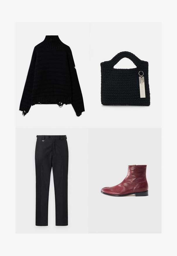 Mustavilla neulepaidalla on ribbed korkea kaulus, raidallinen kuvio sekä kuluneet helmat. Sen ominaisuuksiin kuuluvat pitkät hihat ja rento istuvuus.; Mustat räätälöidyt housut suoran leikkauksen kanssa, joissa on nappikiinnitys ja vyölenkit. Silkkinen pinta, jossa on minimaalinen yksityiskohtaisuus.; Burgundy nahkateko nilkkuri, jossa on sileä pinta, sivuvetoketju, pyöreä kärki ja matala musta korko, johon on lisätty hienovaraisia ryppyjä ja minimaalista tikkausta.; Won Hundred MARSIELLE COMPUTER BAG UNISEX - Tietokonelaukku - black