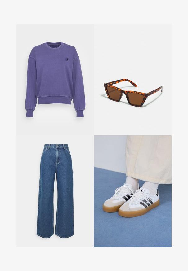 Carhartt WIP NELSON - Camisola - razzmic; Calças de ganga azuis de perna larga com cintura alta, costuras em contraste e bolsos laterais, apresentando um design clássico de cinco bolsos e bainhas desfiadas.; Ténis brancos com riscas pretas e detalhes em camurça bege. Apresentam uma sola de borracha texturizada e atacadores brancos lisos, usados com meias de tom claro.; Óculos de sol com tonalidade castanha, padrão tartaruga, armação angular e hastes finas. Material plástico leve.
