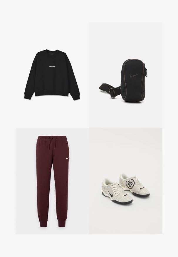 Svart hettegenser med rund hals og ribbestrikkede mansjetter. Har hvit "PEGADOR" logo på fronten. Laget av myk stoff med en avslappet passform.; Burgunderrøde joggebukser med elastisk linning og snøring. Har ribbestrikkede mansjetter og en liten hvit Nike-logo på venstre lår. Glatt tekstur.; Nike-sko med en beige og grå teksturert overflate, svarte detaljer, en stor "90" logo, og en hvit snøring. Svarte såler.; Svart Nike-pung med glidelås, teksturert stoff, brune detaljer og avtakbar stropp. Har en fremtredende Nike-logo på fronten.