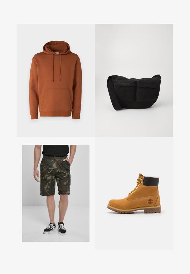 Jack & Jones JJEBRADLEY HOOD - Mikina - mocha bisque; Maskáľové cargo šortky s cargo vreckami, vyrobené z tkaniny v zelených a hnedých odtieňoch. V kombinácii s čiernymi teniskami s bielymi šnúrkami.; Hnedé kožené ankle boot s kovovými očkami, bielym kožúškom vo vnútri, čiernym vypolstrovaným golierom, robustnou podrážkou a vyrazeným logom na boku.; Čierna kordurová crossbody taška s nastaviteľným popruhom, obsahujúca predné vrecká a mäkkú textúru. Kompaktný dizajn s minimálnym zdobením.