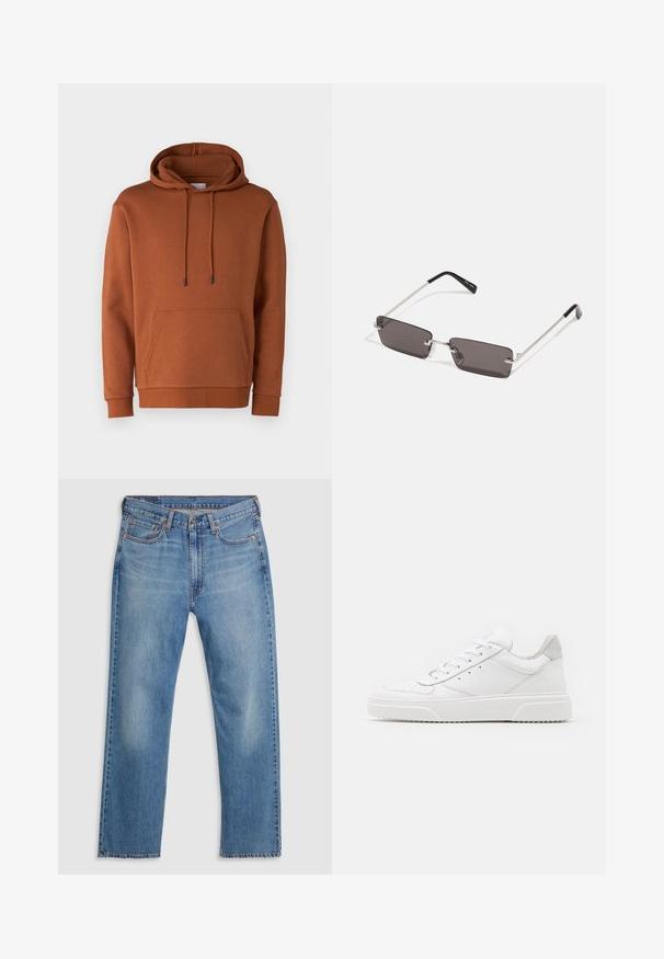 Jack & Jones JJEBRADLEY HOOD - Sweatshirt - mocha bisque; Jean en denim droit bleu avec fermeture à boutons et zip à l'avant, passants de ceinture et design à cinq poches sur fond blanc.; Des baskets en cuir blanc avec une finition lisse, un bout rond, des lacets plats et une semelle texturée. Accents en daim gris au niveau du talon.; Lunettes de soleil avec des verres rectangulaires gris foncé, des montures en métal argenté et des embouts en plastique noir sur les branches. Conception légère avec des plaquettes de nez.