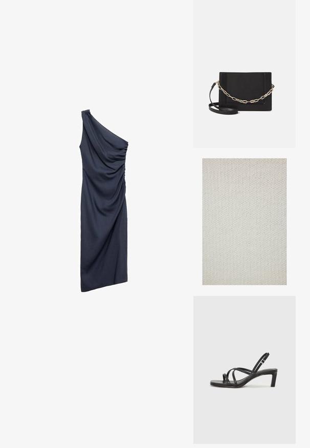 Material tricotat de culoare albă murdară, cu o textură fină și un model uniform. Materialul pare moale și flexibil, potrivit pentru îmbrăcăminte sau textile pentru acasă.; Rochie bleumarin cu un umăr, din material drapat. Prezintă un detaliu plisat pe umăr, o textură moale și o siluetă care îmbrățișează corpul.; Sandal cu barete negre, cu vârf pătrat și toc mic de bloc. Prezintă mai multe barete subțiri și o bareta ajustabilă la gleznă. Fabricat din piele netedă.; Geantă de umăr din piele neagră, cu o textură netedă, formă rectangulară și un detaliu din lanț metalic în față. Include curea reglabilă.