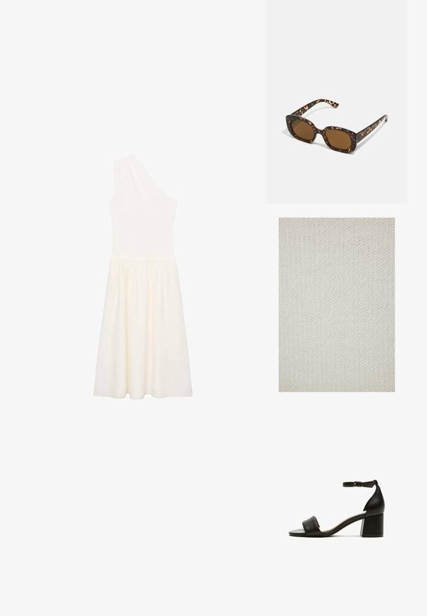 Stickad tyg i off-white med en fin textur och jämn mönstring. Materialet verkar mjukt och flexibelt, lämpligt för kläder eller hemtextilier.; En axelbandslös klänning i knälängd i krämfärgat, gjord av lättviktig tyg med en figursydd överdel och en svävande kjol.; Svarta klacksandaler med ankelsnodd, med en slät läderöverkonstruktion och en fyrkantig öppen tådesign. Blockklack för stabilitet.; Sköldpaddsmönstrade solglasögon med en rund, kraftig ram och bruna linser. Har subtila mönster och raka, avsmalnande skalmar.