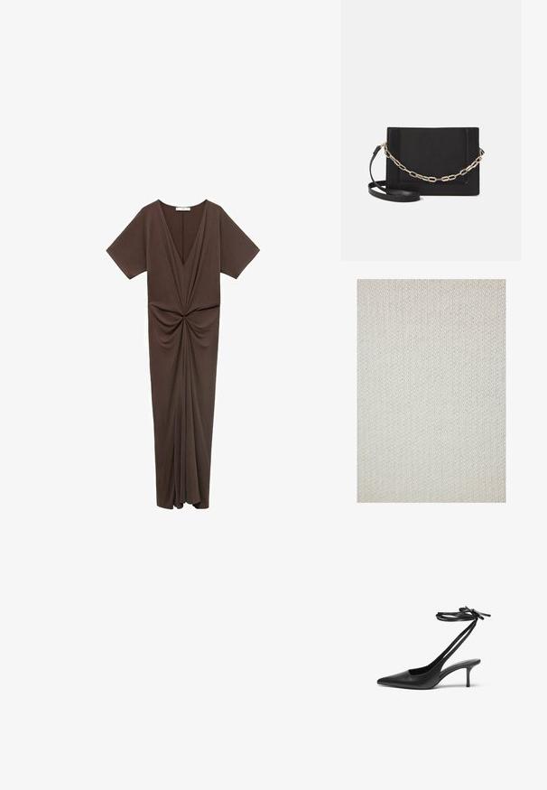 Gebreide stof in off-white met een fijne textuur en een gelijkmatig patroon. Materiaal lijkt zacht en flexibel, geschikt voor kleding of huishoudtextiel.; Bruine jurk tot de knie, gemaakt van een zachte stof, met een diepe V-hals, korte mouwen en een gather-detaillering bij de taille. Gladde textuur.; Zwarte leren stiletto-schoen met een spitse neus, open achterkant en enkelschoentjes die in een strik zijn geknoopt. Slanke 3-inch hak. Glad textuur, minimalistisch ontwerp.; Zwarte leren schoudertas met een gladde textuur, rechthoekige vorm en een metallic kettingdetail aan de voorkant. Verstelbare schouderband inbegrepen.