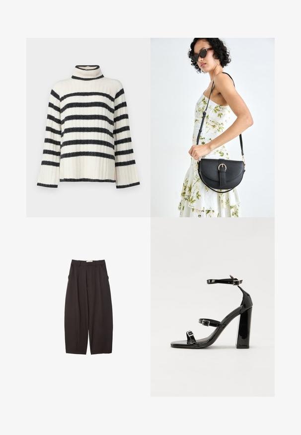 Maglione a collo alto a righe in crema e nero, con una texture a coste, maniche ampie e un colletto alto. Strisce orizzontali su tutto il corpo.; Pantaloni neri a gamba larga realizzati in un tessuto morbido, con vita alta, pieghe frontali e tasche laterali. Design semplice senza decorazioni.; Sandali con tacco alto in vernice nera con due cinturini con fibbia, punta quadrata e tacco spesso a blocco, caratterizzati da una texture liscia e lucida.; Borsa a tracolla nera in pelle con una forma curva, manico rimovibile e accessori dorati. La borsa presenta una patta con un dettaglio a fibbia.