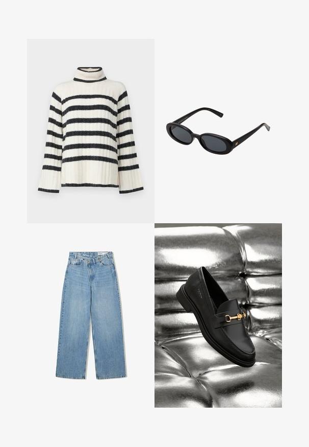 Gestreifter Rollkragenpullover in Creme und Schwarz, mit gerippter Textur, weiten Ärmeln und hohem Kragen. Horizontale Streifen über dem Körper.; Hellblaue weite Jeans aus Denim, mit hoher Taille, fünf Taschen, Knopfverschluss und dezentem Verblassen für Textur.; Schwarze Leder-Loafer mit goldfarbener Hardware. Der Schuh zeichnet sich durch ein elegantes Design und eine glatte, glänzende Oberfläche aus.; Schwarze, oversized Sonnenbrillen mit ovalen Gläsern, glattem Kunststoffrahmen und goldenen Akzenten an den Bügeln. Die dunklen Gläser bieten Sonnenschutz.
