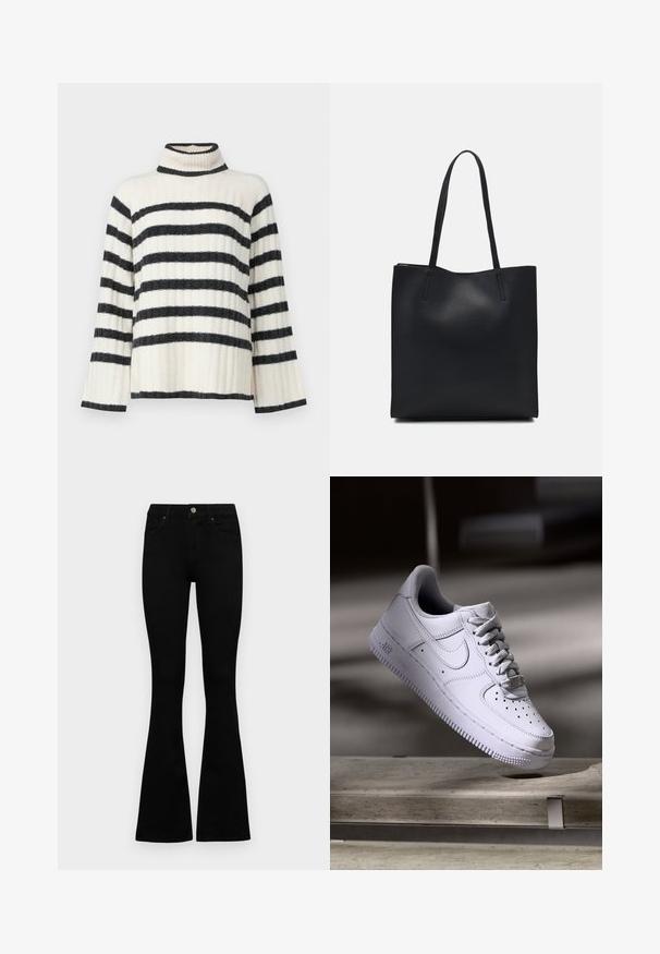 Randig polotröja i krämvit och svart, med ribbad textur, vida ärmar och hög krage. Vattgrå ränder över kroppen.; Svarta högmidjade jeans med knäppning och dragkedja, frontfickor och utsvängda ben, liggande platt på en vit bakgrund.; Vit Nike Air Force 1-sneaker som svävar ovanför en betongyta med skuggor i en minimalistisk miljö.; Svart lädertoffelväska med slät textur, rektangulär form och två långa handtag. Ingen synlig hårdvara eller dekorationer.