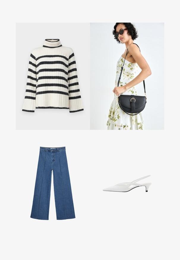 Sweter z golfem w paski w kolorze kremowym i czarnym, charakteryzujący się prążkowaną teksturą, szerokimi rękawami oraz wysokim kołnierzem. Poziome paski na całej długości. ; Jeans typu wide-leg w średnim niebieskim kolorze, z wysokim stanem, zapięciem na guziki oraz kontrastowymi szwami pionowymi z przodu.; Biała szpilka na odkrytej pięcie z ostrym noskiem, charakteryzująca się gładką cholewką, subtelnymi wycięciami i niskim obcasem w kształcie bloku. Czarna podeszwa podkreśla design.; Czarna skórzana torebka o zakrzywionym kształcie, z odpinanym paskiem i złotymi akcentami. Torebka posiada klapę z zapięciem w kształcie klamry.