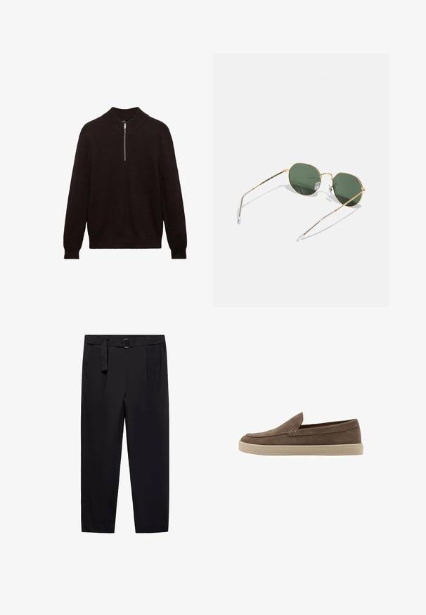 Maglione lavorato a maglia marrone scuro con colletto alto, zip a quarto davanti e texture a coste. Presenta maniche lunghe e una vestibilità morbida.; Pantaloni neri con vestibilità dritta, passanti per cintura e cintura staccabile. Tessuto liscio con tasche laterali e senza motivi o accessori visibili.; Scarpe slip-on in suede marrone con punta arrotondata a profilo basso e suola in gomma color crema. Cuciture minime e superficie liscia.; Occhiali da sole ottagonali con montatura in metallo dorato, lenti verdi, aste sottili e punte per le orecchie in gomma trasparente. Design leggero con finitura riflettente.