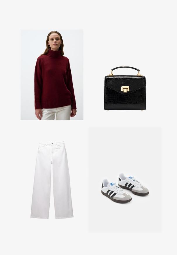 Maglione a collo alto in maglia bordeaux con una texture soffice, spalle scese e polsini e orlo a costine; indossato con pantaloni bianchi.; Jeans bianchi a gamba larga realizzati in denim. Presentano chiusura con bottone, tasche anteriori e posteriori, e cuciture rinforzate. Tessuto liscio con dettagli minimi.; Scarpe sportive con tomaia in pelle bianca, punta in suede grigia e tre strisce nere. Presentano un logo blu sulla linguetta e una suola in gomma testurizzata.; Borsa nera in pelle faux-coccodrillo con design strutturato, hardware dorato, manico superiore e chiusura a patta magnetica.
