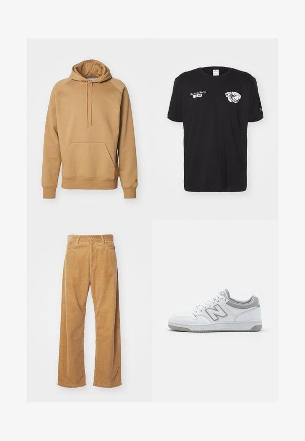 Ruskea huppari, joka on valmistettu pehmeästä kankaasta ja jossa on etupuolella kengurupussitasku, säädettävä naruhuppu sekä ribattuja hihansuita ja helma.; Musta puuvillapaita, jossa on lyhyet hihat ja pyöreä kaula-aukko, esillä valkoinen "Champion" -logo ja teksti painatukset edessä ja hihassa.; Saham wide-leg dalam warna coklat muda. Fitur tekstur garis vertikal, dengan pinggang standar dan dua saku depan.; Valkoiset nahkakengät, joissa on harmaita yksityiskohtia, varustettuna rei'itetyllä varvasosalla, tasaisilla nauhoilla ja kuvioidulla pohjalla. New Balance -logo sivussa.