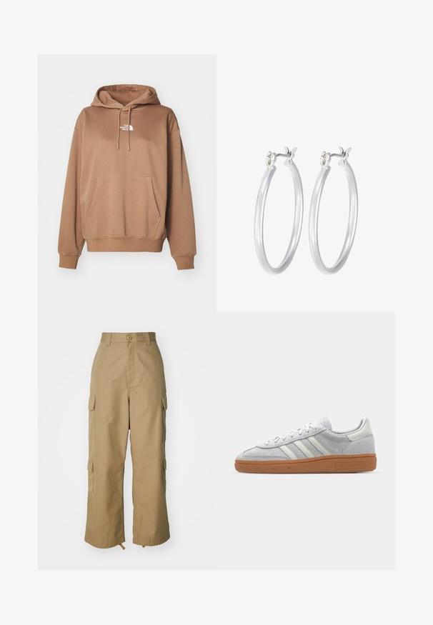 Hnedá mikina s dlhými rukávmi, predným vreckom a kapucňou na stiahnutie. Má biele logo na hrudi, vyrobené z mäkkého materiálu.; béžové cargo nohavice s vysokým pásom, širokými nohavicami a štyrmi veľkými bočnými vreckami. Vyrobené z odolnej tkaniny s hladkou textúrou a minimálnymi detailmi.; Svetlo šedé semišové tenisky s bielymi koženými akcentmi, tromi bielymi pruhmi a hnedou gumovou podrážkou, s polstrovaným golierom pre pohodlie.; Strieborné kruhové náušnice s hladkým, lesklým povrchom. Kolový tvar a bezpečné klikanie na uzatváranie. Ľahký dizajn vhodný na každodenné nosenie.