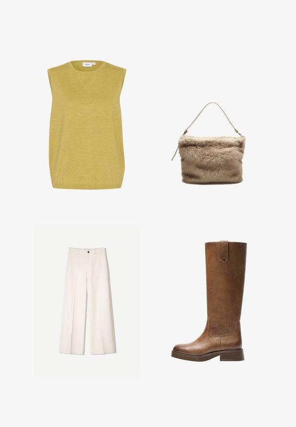 Saint Tropez MILASZ - Svetr - burnished gold melange; Krémové široké kalhoty s tailored designem, které mají dvě přední kapsy a jedno zapínání na knoflík vpředu, vyrobené z hladkého materiálu.; Hnědé kožené vysoké boty na kolena s kulatou špičkou, texturovaným povrchem a nízkým patem s podstavcem. Obsahují boční panel a poutko na horní části.; Umělá kožešinová kabelka v světlé béžové barvě s měkkým, texturovaným povrchem. Má jeden tenký popruh a obdélníkový tvar s načechraným horním okrajem.