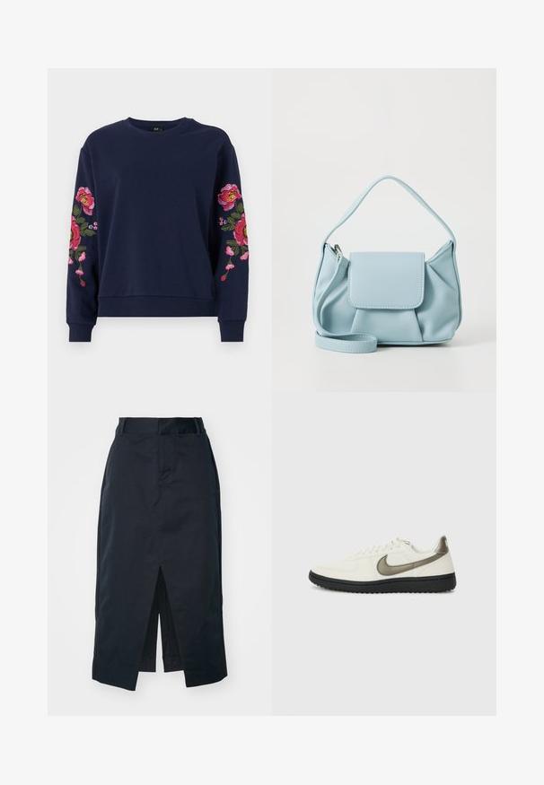 Tengerészkék pulóver, élénk virágos hímzéssel mindkét ujján. Puha anyagból készült, bordázott mandzsettákkal és heméllyel.; Sötét tengerészkék midi szoknya pamut keverék anyagból, elülső hasítékkal, elrejtett cipzárral és oldalsó zsebekkel a funkcionalitás érdekében.; Nike Sportswear FIELD GENERAL - Sportcipő - off-white/black; Világoskék bőrtáska, felső fogantyúval, elülső fedélzsebkémmel és levehető csuklószíjjal, fehér háttér előtt.