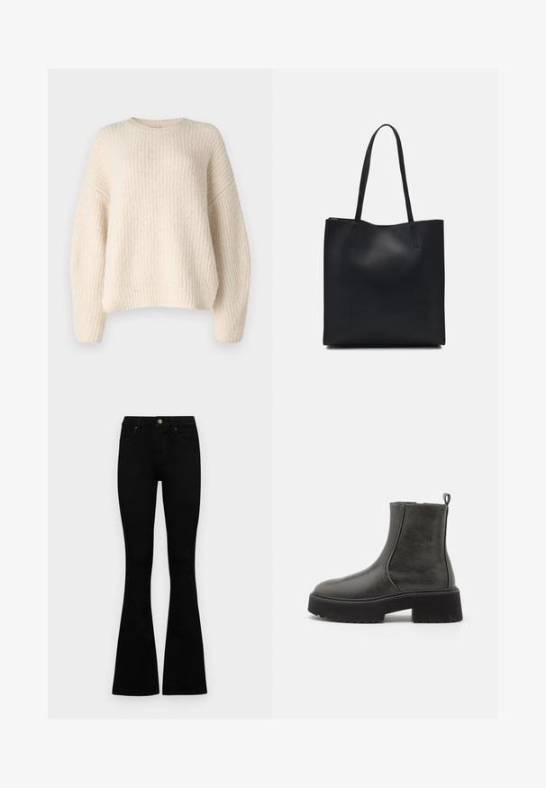 ONLY ONLMOON LIFE SLIT - Pulóver - whitecap gray; Fekete, magas derekú farmernadrág gomb- és cipzárzárral, elülső zsebekkel és harangszárral, laposan egy fehér háttérre terítve.; Fekete bokacsizmák sima szintetikus felsőrésszel, elasztikus oldalbetétekkel, húzófüllel és masszív gumitalppal.; Fekete bőrtáska sima felszínnel, téglalap alakú, két hosszú füllel. Nincs látható fémkiegészítő vagy díszítés.