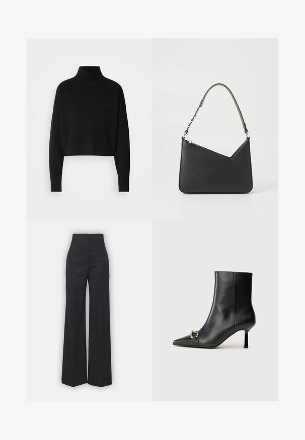 Czarny krótki sweter, prążkowany golf, długie rękawy, pleciona tekstura, z małym logo na klatce piersiowej.; Szerokie spodnie w czarnym materiale z wysokim stanem, charakteryzujące się czystym wykończeniem i gładką teksturą. Brak widocznych elementów metalowych i wzorów.; Czarny skórzany botek za kostkę z szpiczastym noskiem, smukłym średnim obcasem i srebrnym zapięciem po boku na jednolitym tle.; Czarna skórzana torebka o trójkątnym kształcie, z cienkim paskiem i srebrnymi elementami. Posiada zamek błyskawiczny oraz wytłoczone logo z przodu.