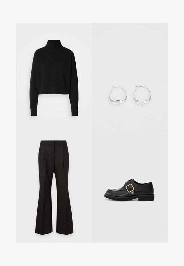 Suéter preto cropped, com gola alta canelada, mangas longas, textura tricotada, apresentando um pequeno logotipo no peito.; Calças pretas em corte flare com uma textura suave, apresentam uma cintura alta, bolsos laterais e pregas frontais para um detalhe de design adicional.; Sapato de couro preto com biqueira arredondada, apresentando uma fivela dourada e uma sola de borracha plana. Textura lisa com detalhes de costura discretos.; Brincos em argola prateados com um acabamento polido e a marca DKNY, exibidos contra um fundo branco simples.
