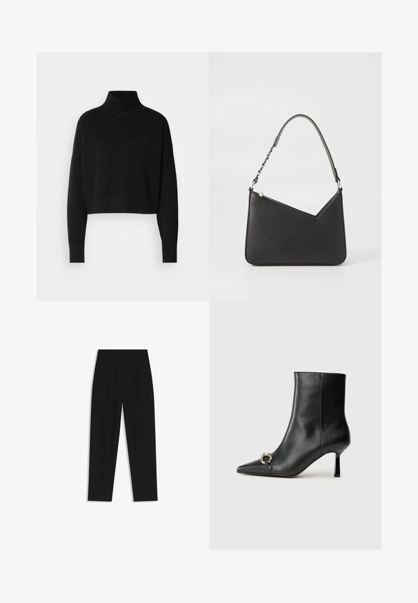 Zwarte cropped sweater, geribbelde turtleneck, lange mouwen, gebreide textuur, met een klein logo op de borst.; Zwarte broeken met een rechte pasvorm, voorzien van dubbele plooien, een zachte textuur en een klassiek taillebandontwerp. Geen zichtbare hardware of accenten.; Zwarte leren enkelboot met spitse neus, slanke middenhoge hak en zilveren gespdetail aan de zijkant op een effen achtergrond.; Zwart leren handtas met een driehoekige vorm, een slanke strap en zilveren hardware. Voorzien van een ritssluiting en een reliëflogo op de voorkant.