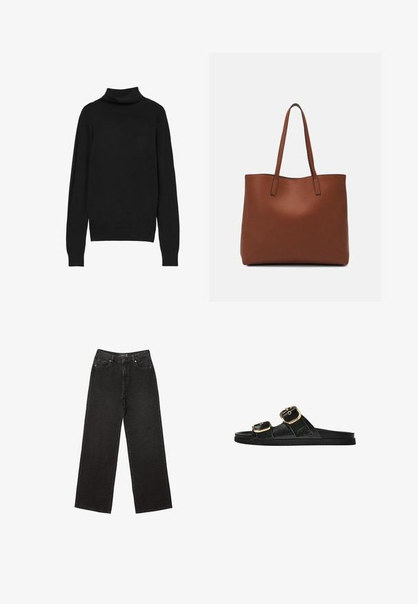 Maglione a collo alto nero realizzato in tessuto morbido, con maniche lunghe, collo aderente e polsini a costine per un look strutturato.; Jeans neri a gamba larga realizzati in denim, caratterizzati da piccoli motivi a pois, design classico a cinque tasche e chiusura con bottone e zip.; Infradito neri con due accenti di fibbia dorata, materiale dalla texture liscia, suola piatta e design minimalista.; Borsa tote in pelle marrone con texture liscia, design con apertura superiore e due spallacci. Presenta cuciture minime e nessun hardware visibile.
