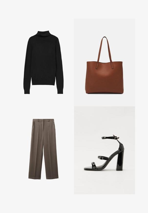 Schwarzer Rollkragenpullover aus weichem Material, mit langen Ärmeln, einem engen Kragen und gerippten Bündchen für einen strukturierten Look.; Weite Hosen aus einem gedämpften braunen Stoff mit glatter Textur, ausgestattet mit zwei Fronttaschen und einem taillierten Bund.; Schwarze Lackleder-Sandalen mit hohen Absätzen, zwei Riemen mit Schnallen, quadratischer Zehenpartie und klobigem Blockabsatz, mit einer glatten, glänzenden Textur.; Braune Leder-Tote mit glatter Textur, offenem Oberteil und zwei Schulterriemen. Verfügt über minimale Nähte und keine sichtbaren Beschläge.