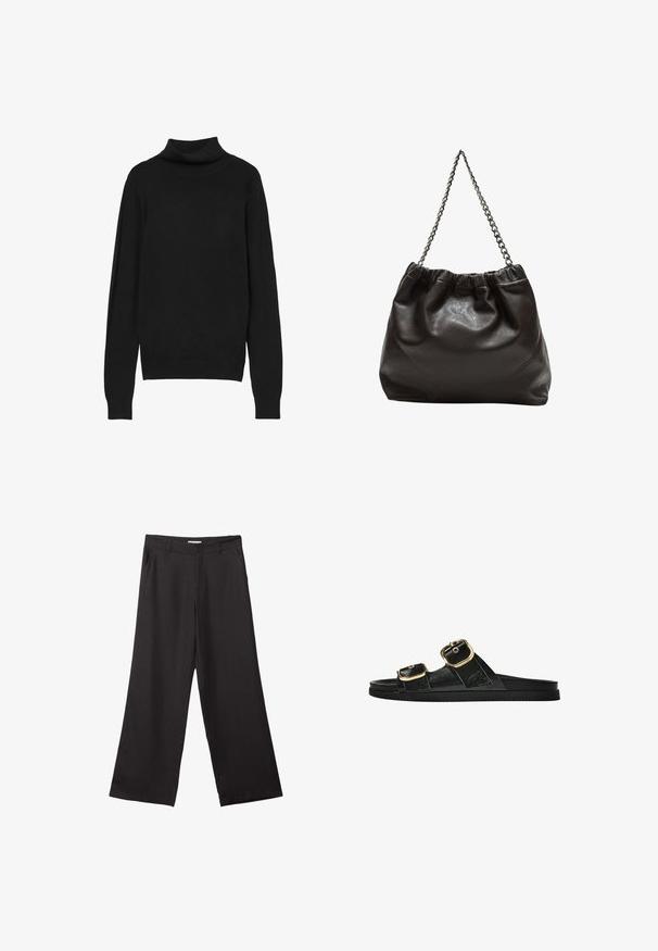Schwarzer Rollkragenpullover aus weichem Material, mit langen Ärmeln, einem engen Kragen und gerippten Bündchen für einen strukturierten Look.; Schwarze weite Hosen aus glattem Stoff, mit einem Reißverschluss vorne und zwei seitlichen Taschen, maßgeschneiderter Passform und minimalistischem Design.; Schwarze Riemensandale mit zwei goldenen Schnallendetails, glattem Material, flachem Sohlen und minimalistischer Gestaltung.; Braune Lederhandtasche mit gerafftem Oberteil und Kettenriemen. Glatte Textur mit glänzendem Finish und subtilen Nahtdetails an den Seiten.