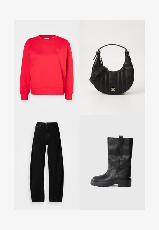 Punainen puuvillapaita, jossa on pyöreä pääntie, pitkät hihat, resorit hihoissa ja helmassa sekä pieni logo yksityiskohtana rinnassa.; Mustat farkkuleggarit, joissa on korkea vyötärö, nappisuljenta, viisi taskua ja vähäiset ompeluyksityiskohdat.; Mustat nahkaiset polven yli ulottuvat saappaat, joissa on tyylikäs muotoilu, paksu pohja ja sivussa vetonauha helppoa pukemista varten. Huomattavat tikkauskoristeet.; Musta nahkalaukku, jossa on kaareva muoto, tikattu pinta ja kultaiset yksityiskohdat. Varustettu irrotettavalla olkahihnalla ja logopotkalla.