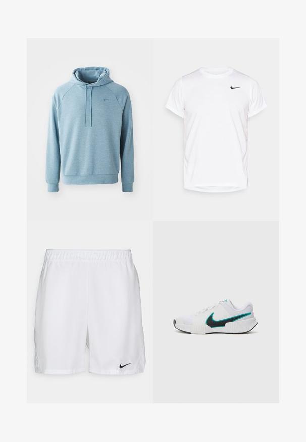 Ανοιχτό μπλε φούτερ με κουκούλα φτιαγμένο από μαλακό, υφασμάτινο υλικό. Διαθέτει τσέπη καγκουρό, ριμπ μανσέτες και ένα μικρό λογότυπο στο στήθος.; Λευκό T-shirt Nike κοντό μανίκι, κατασκευασμένο από λείο συνθετικό υλικό, με μαύρο λογότυπο στην αριστερή πλευρά του στήθους.; Λευκά αθλητικά σορτς με ελαστική μέση, που έχουν το λογότυπο Nike σε μαύρο χρώμα στο κάτω αριστερό μέρος. Λείο ύφασμα χωρίς σχέδια.; Λευκό αθλητικό παπούτσι με δικτυωτό υλικό στο πάνω μέρος, μαύρη ελαστική σόλα και τόνους σε τιρκουάζ από το λογότυπο Nike. Διαθέτει κορδόνια και μαξιλαράκι στον αστράγαλο.