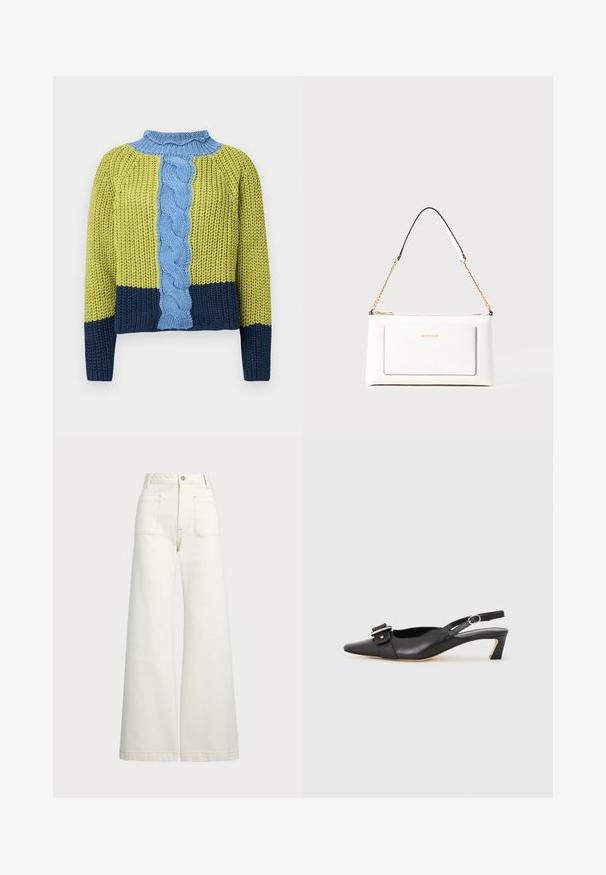 Strikket genser med grønn kropp og marineblå og blå striper, ribbet halslinning og et sentralt flettet kabelmønster i lys blå.; Vidde bukser i off-white denim. Høyt liv-design med knappelukking, to frontlommer og kontrastsøm detaljer.; Svarte skinn slingback-sko med spiss tå, liten hæl og dekorativ spenne-detalj på overdelen. Glatt tekstur, minimalistisk design.; Hvit lærveske med teksturert overflate, utstyrt med gullkjede for å bære over skulderen og svarte detaljer. Inkluderer en frontlomme og glidelås.