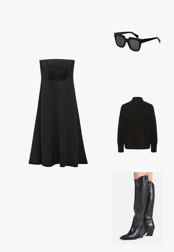 Črni pulover z visokim ovratnikom, ohlapen kroj in širokimi rokavi. Narejen iz mehke, teksturirane tkanine brez vidnih vzorcev ali okraskov.; Črna brezramna obleka s prilegajočim korzetom in širšim, dolgem krilom, ki sega do tal. Narejena iz gladkega materiala brez vidnih vzorcev ali dodatkov.; Črni usnjeni škornji do kolen z ostrim sprednjim delom, teksturirano površino in debelim peto. Imajo stranske zanke za lažje obuvanje ter subtilne šive.; Črne pravokotne sončna očala z debelimi plastičnimi okvirji in temnimi lečami. Ročaji so elegantni s sijočo površino in minimalnim blagovnim znakom.