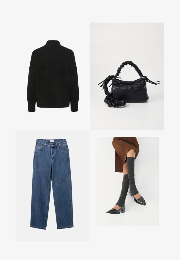 Svart genser med høy hals, løs passform og brede ermer. Laget av mykt, teksturert materiale uten synlige mønstre eller dekorasjoner.; Klassiske blå denimjeans med rett ben-design, fem lommer og knappelukking. Har en middels vask og solid tekstur.; Sorte lakkpumps med spiss tå, blokkhel, og ankelstropp, kombinert med grå ribbestrikkede beinvarmere og et brunt semsket skinn skjørt.; Svart faux skinn-håndveske med krokodilletekstur, strammet topp og en rynket stropp. Ser myk og kompakt ut i designen.