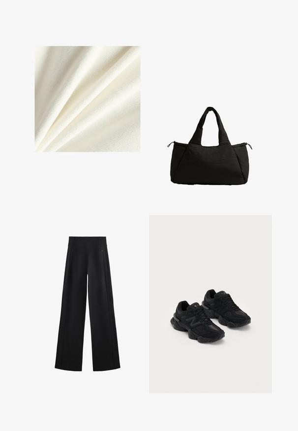 Bijela flis tkanina s mekim, pahuljastim teksturom, koja pokazuje glatke i blago uzdignute vlakna, raspoređena u nježnim naborima.; Široke crne hlače od meke tkanine, sa visokim strukom i dva džepa sa patentnim zatvaračima, uz to imaju suptilne šavove duž bočnih strana.; Crne sportske cipele s teksturiranim gornjim dijelom, s istaknutim logotipom "N", mekanim potplatima i modernim, elegantnim siluetom.; Crna torba od tkanine s pufastom teksturom, s dva kratka ručka i bočnom džepom koji se zatvara uzici. Jednostavan, angulardan dizajn.