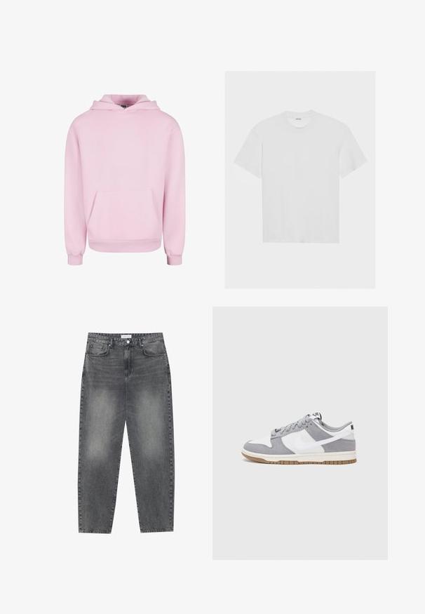 Világos rózsaszín kapucnis pulóver puha anyagból. Elöl zseb található, valamint húzózsinóros kapucni és bordázott mandzsetta a kényelmes illeszkedés érdekében. Egyszerű dizájn.; Fehér pamut póló rövid ujjakkal, kerek nyakkivágással és laza szabással. Simák a textúrája, és nincsenek látható minták vagy díszítések.; Magasan szabott, bővebb szabású farmernadrág fakó fekete denim anyagban. Öt zsebbel, övhurkokkal és tiszta, egyenes lábszár dizájnnal rendelkezik.; Szürke és fehér sportcipő, velúr és bőr felsőrésszel, kerek orral, lapos fűzőkkel és gumitalppal, amelyen rágógumi színű díszítés található.