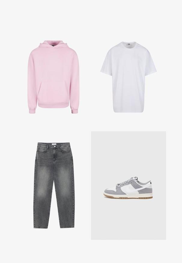 Světle růžová mikina z jemné tkaniny. Obsahuje přední kapsu, kapuci se stahovací šňůrkou a žebrované manžety pro pohodlné nošení. Jednoduchý design.; Bílé triko z bavlny s krátkým rukávem, kulatým výstřihem, volným střihem a bez viditelných log či vzorů. Hladká textura a minimalistický design.; Kalhoty s vysokým pasem, volného střihu, vyrobené z vybledlého černého denimu. Mají pět kapes, poutka na opasek a čistý, rovný střih nohavic.; Šedé a bílé tenisky s svrškem z jemné kůže a kůže, kulatou špičkou, plochými tkaničkami a gumovou podrážkou s akcentem v barvě gumy.