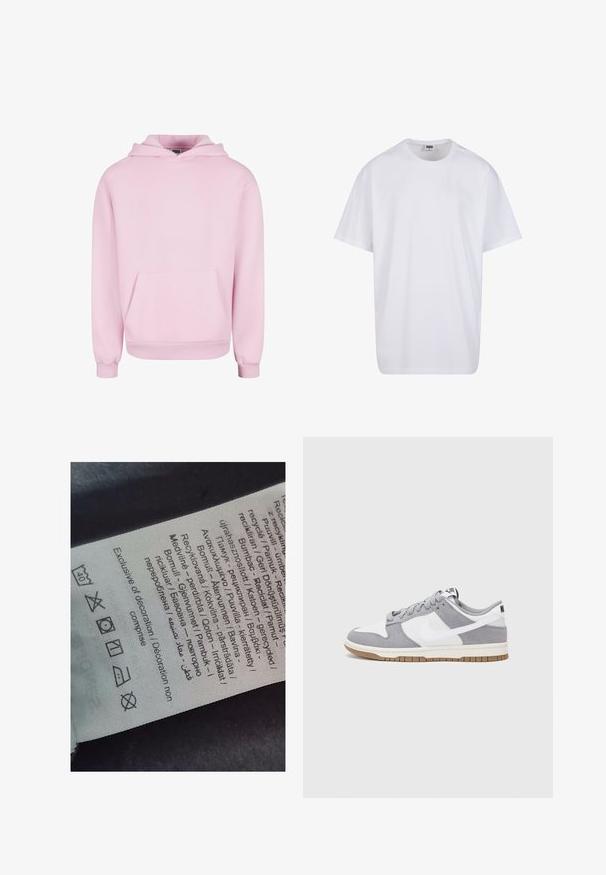 Hele roosa kapuutsiga sviiter, mis on valmistatud pehmest kangast. Omab esist kotti, nööpidega kapuutsi ja ribakudumiga mansette, et tagada mugav istuvus. Lihtne disain.; Valge puuvillane t-särk lühikeste varrukatega, ümmarguse kaelusega, lõdva lõikega ja ilma nähtavate logodeta või mustriteta. Sile tekstuur ja minimaalne disain.; Sildi silt, millel on mitmekeelsed tekstid, hooldusmärgid ja ringlussevõtuikoonid, trükitud pehme kangalaadsele materjalile heledates toonides.; Halli ja valge tennis鞋, millel on nubuk- ja nahkdetailid, ümar varvas, lamedad nöörid ning kummist tald, millel on kola aktsent.