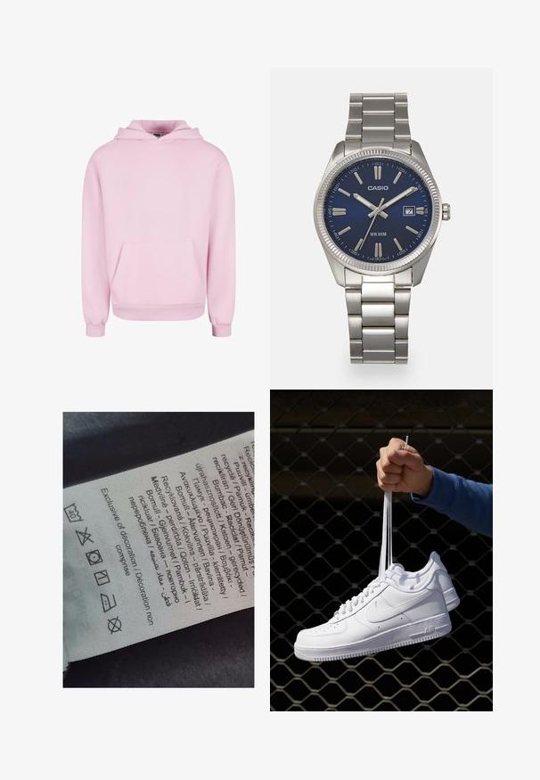 Jasnoróżowa bluza z kapturem wykonana z miękkiego materiału. Posiada przednią kieszeń, kaptur ze sznurkiem oraz ściągacze na rękawach dla lepszego dopasowania. Prosty design.; Etykieta z tekstem w wielu językach, symbolami pielęgnacji i ikonami recyklingu, wydrukowana na materiałowym, miękkim w dotyku w jasnym kolorze.; Białe skórzane sneakersy z perforacjami, okrągłym noskiem, płaską podeszwą i grubymi sznurówkami, z widocznym logo swoosh i napisem „AIR” na pięcie.; Srebrny zegarek na stalowej bransolecie z niebieską tarczą, metalowymi indeksami godzinowymi oraz okienkiem daty na godzinie 3. Wodoodporny do 50 metrów.