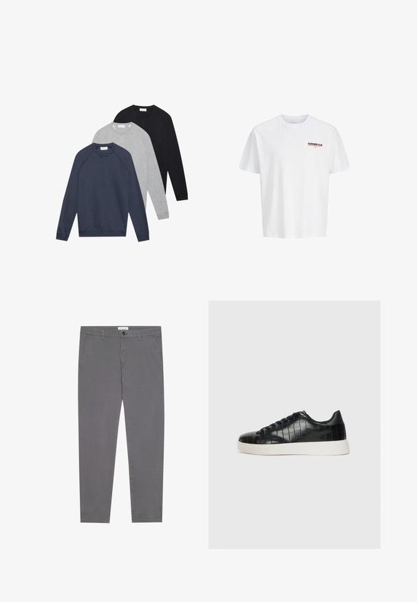 Trii dugih majica s dugim rukavima i okruglim izrezom u tamnoplavoj, svijetlosivoj i crnoj boji, složene i položene ravno na bijeloj pozadini.; Bijela pamučna majica s okruglim izrezom. Sadrži mali crno-crveni grafički natpis na prsima. Kratki rukavi, opušteni kroj.; Sive pamučne hlače uskog kroja, s dva prednja džepa, jednim stražnjim džepom i kopčanjem na dugme u struku.; Crne tenisice s teksturiranom gornjom površinom od kože s uzorkom krokodila, zaobljenim vrhom i kontrastnom bijelom gumenom potplatom s glatkom završnom obradom.